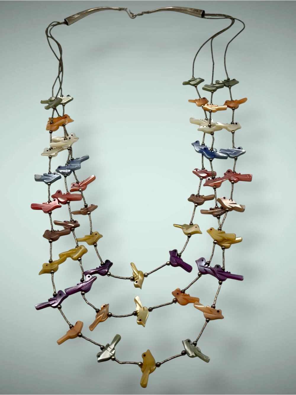 Vtg Native American Zuni 3-Strand Rainbow Bird Fetish Necklace Sterling Silver - Picture 7 of 13